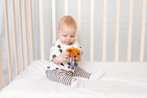 Baby Months Playing Crib Early Development Children Year Place Text — Stock Photo, Image