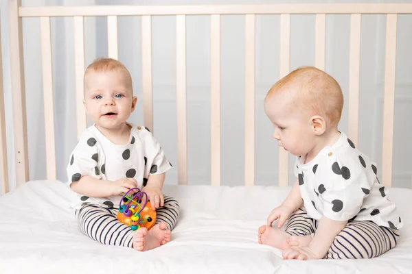 Dos Bebés Gemelos Meses Edad Juegan Cuna Desarrollo Temprano Los —  Fotos de Stock