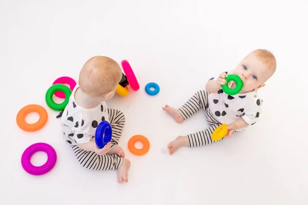 两个8个月大的双胞胎宝宝在一个白色孤立的背景下玩耍 一个一岁以下的幼儿发育 一个小孩从另一个小孩那儿拿一个玩具 一个文字的地方 — 图库照片