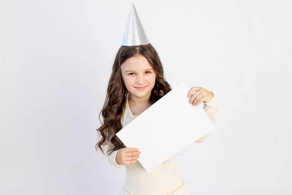 Girl Holds White Sheet Cute Little Girl White Sheet Paper — Stock Photo, Image