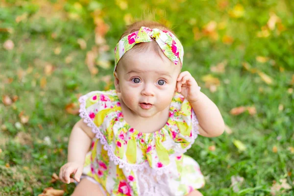 Портрет Маленькой Девочки Месяцев Сидящей Зеленой Траве Желтом Платье Гуляющей — стоковое фото