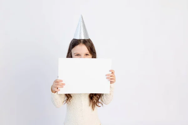 Girl Holds White Sheet Cute Little Girl White Sheet Paper — Stock Photo, Image