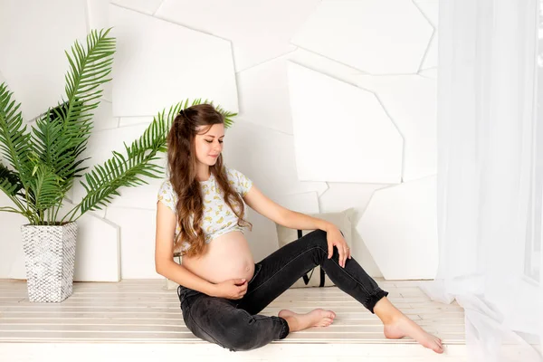 Woman Months Pregnant Sitting Window Bright Room — Stock Photo, Image