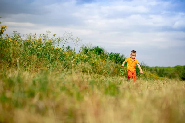 Glücklicher Kleiner Junge Der Sommer Über Das Feld Läuft Der — Stockfoto