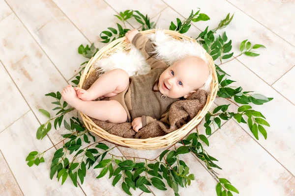 Small Laughing Child Boy Lies Basket Leaves Looks Camera — Stock Photo, Image