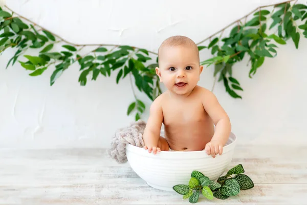 Bambino Piccolo Ragazzo Siede Cesto Guarda Macchina Fotografica — Foto Stock