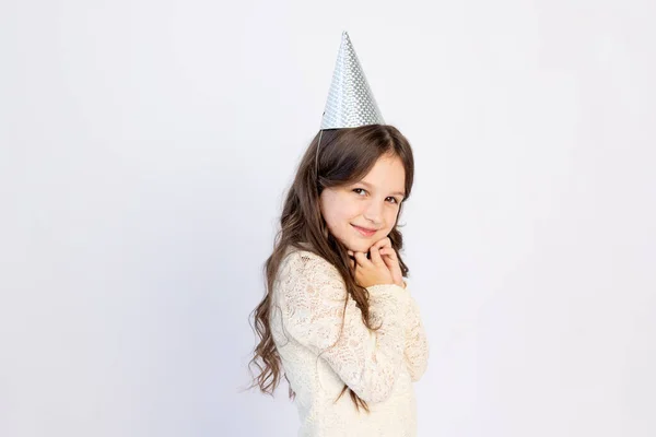 Young Girl Her Birthday Princess Hat Happy Laughing Isolated White — Stock Photo, Image