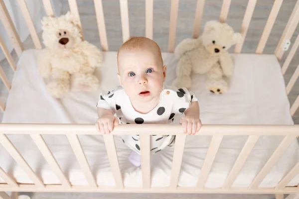 Portrait Baby Months Old Standing Crib Toys Pajamas Bright Children — Stock Photo, Image