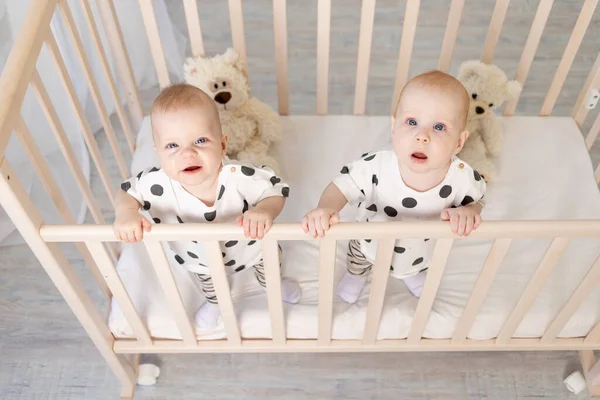 Zwei Kleine Zwillinge Bruder Und Schwester Monate Sitzen Schlafanzug Der — Stockfoto