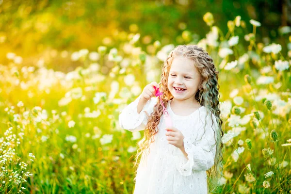 Kleines Schönes Mädchen Das Sommer Mit Seifenblasen Auf Dem Rasen — Stockfoto