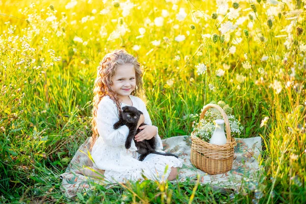 Kleines Schönes Mädchen Das Sommer Mit Einem Schwarzen Kätzchen Auf — Stockfoto