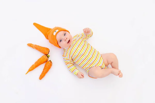 Small Baby Girl Lying White Isolated Background Carrot Space Text — Stock Photo, Image