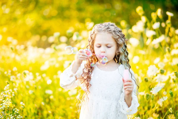 Маленька Красива Дівчинка Грає Газоні Влітку Мильними Бульбашками — стокове фото