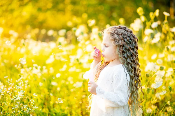 Маленька Красива Дівчинка Грає Газоні Влітку Мильними Бульбашками — стокове фото