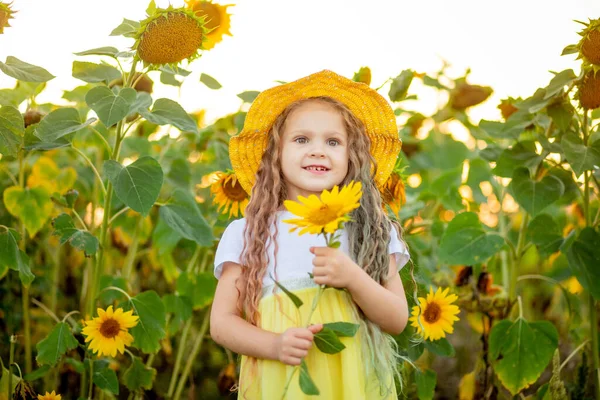 Une Petite Belle Fille Tient Tournesol Dans Champ Été — Photo