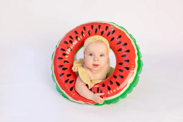 Smiling Child Swimsuit Swimming Ring Shape Watermelon Lies White Isolated — Stock Photo, Image