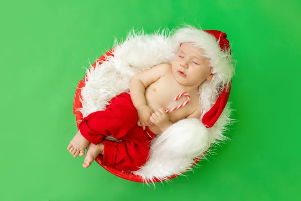 Enfant Endormi Dans Costume Père Noël Trouve Avec Bonbon Dans — Photo