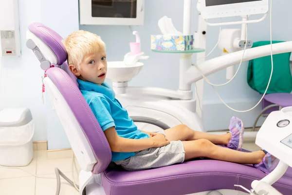 Child Five Year Old Boy Blue Shirt Sitting Lilac Chair Royalty Free Stock Images