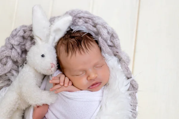 新生児の女の子は腕に柔らかいおもちゃのウサギがいるバスケットで甘い眠りについています — ストック写真