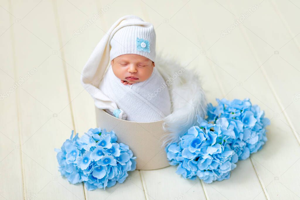 a newborn baby girl is sleeping sweetly for two weeks in a basket with white fur and blue flowers hydrangeas