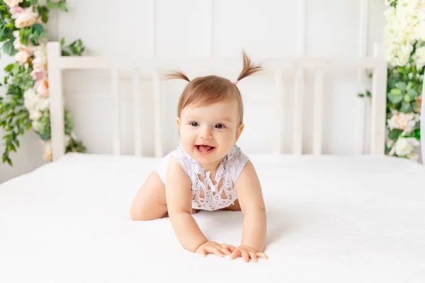 Divertida Niña Seis Meses Edad Sentado Una Hermosa Habitación Brillante — Foto de Stock