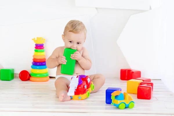 Uma Criança Pequena Menino Seis Meses Brinca Com Brinquedos Brilhantes — Fotografia de Stock