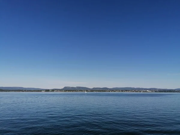 Спокойный День Море Ясным Голубым Небом Островом Соснами — стоковое фото