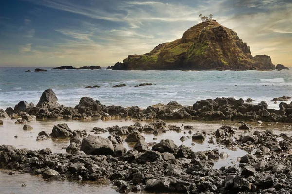 Rocks Ocean Shoreline Green Lush Foliage Hill Sunset Horizontal Tropical — Stock Photo, Image