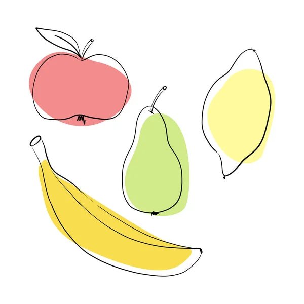 Esboço ou conjunto de frutas estilo doodle. Maçã vermelha, banana, pêra verde e limão . — Vetor de Stock