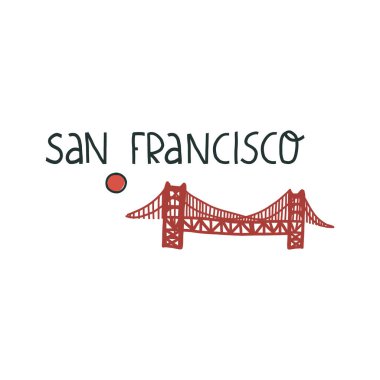 San Francisco, California ikonu, el yazması harfleri ve tarihi Golden Gate ile. Şirin vektör izole çizimi.