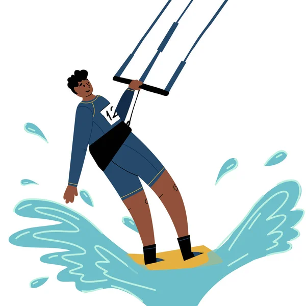 Divertidos jóvenes deportistas cometa surfista montar una ola. Ilustración aislada vector plano . — Vector de stock