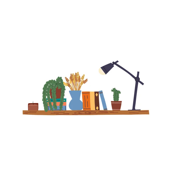 Söt trähylla och två hem växter i krukor, vas med dekorativa torkade gräs klasar, böcker, bordslampa och ljus. — Stock vektor