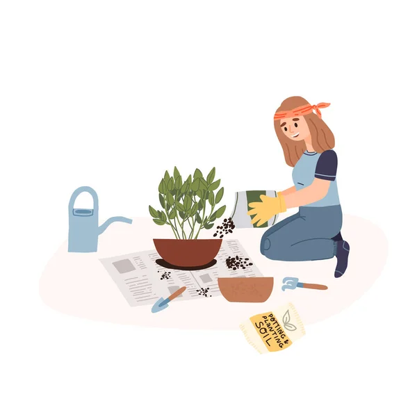 Egy fiatal lány kerti kesztyűben beültetett egy házi növényt egy nagyobb edénybe otthon a nappaliban egy újságba.. — Stock Vector