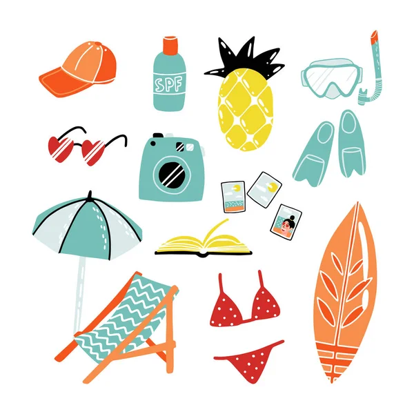 Atributos de verão conjunto adesivos. Colchão, espreguiçadeira, óculos de sol do coração, câmera, prancha de surf, protetor solar e kit de snorkeling — Vetor de Stock