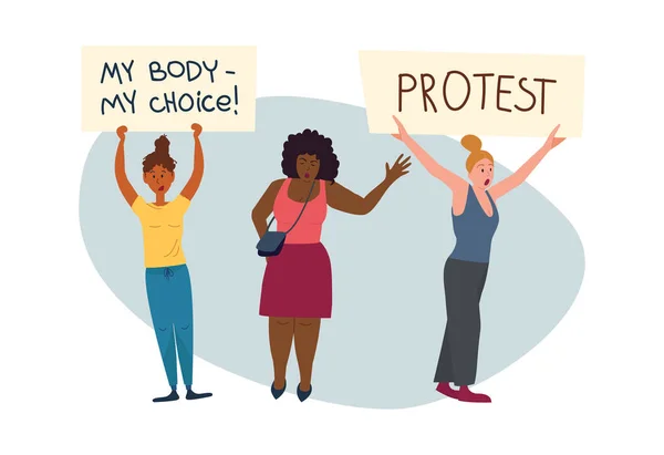 The group of different ethnic women protesting and holding the placards and banners with various slogans. — Stock Vector