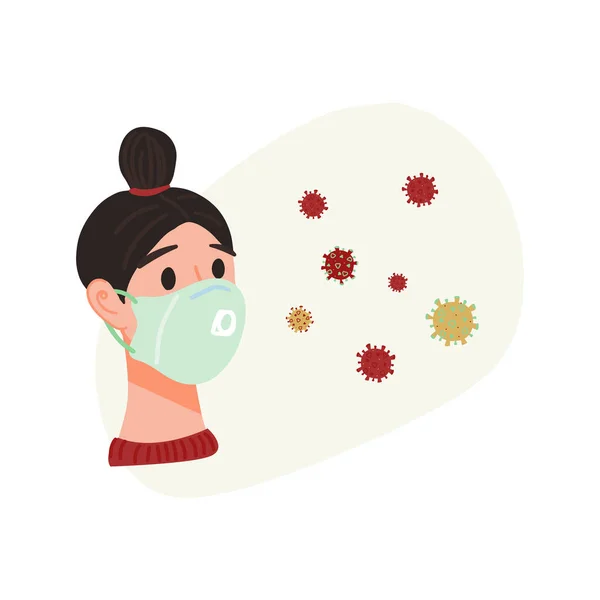 脸上戴着医用口罩的年轻女孩和科罗纳病毒微生物。Covid-19病毒预防概念. — 图库矢量图片