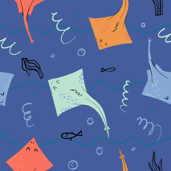 Nettes vektornahtloses Muster auf blauem Hintergrund mit Meeres- und Ozeanbewohnern wie Fisch und Stachelrochen. — Stockvektor