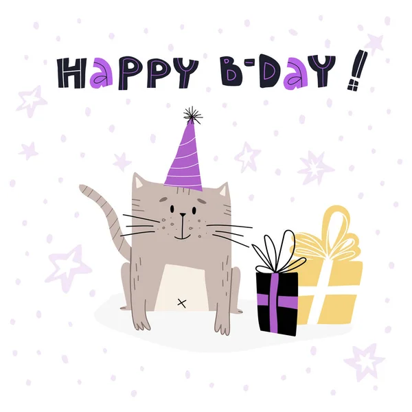 Cute Cat w świątecznym party cap uśmiechając się i ciesząc urodziny w otoczeniu pudełek z prezentami. Zabawna kartka, projekt banera. — Wektor stockowy