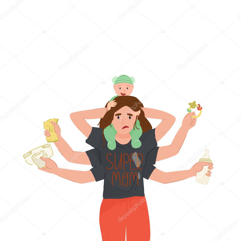 Tired multi armed mother doing a lot works at one time - holding her baby,in others hands napkin, bottle, rattle. 