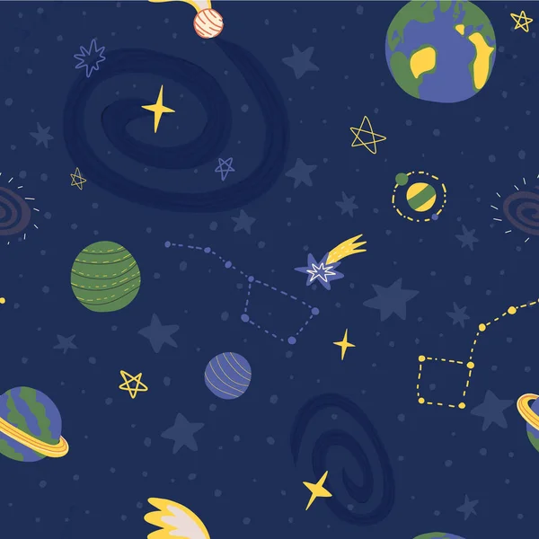 Kézzel rajzolt tér zökkenőmentes minta különböző bolygók, csillagképek, üstökösök és Tejút galaxis nézet. — Stock Vector