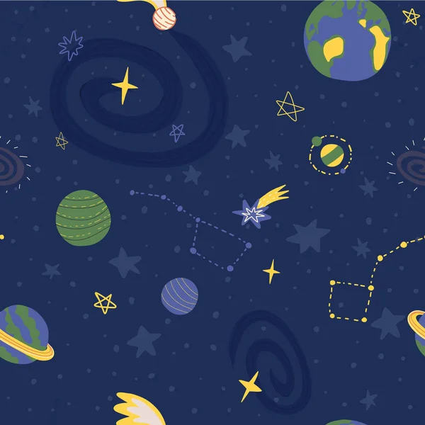 Hand drawn space seamless pattern with various planets, stars constellations, comets and Milky Way galaxy view.