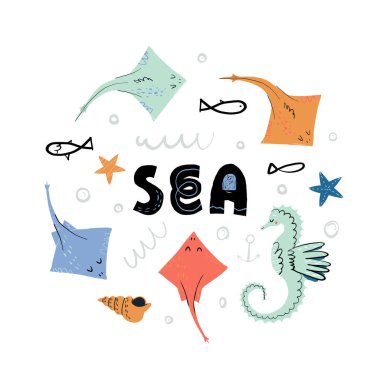 Deniz piyadesi yazı ve kaykaylı balıklı komik deniz atı çizmiş. Yıldızlar. Şirin vektör izole çizimi.