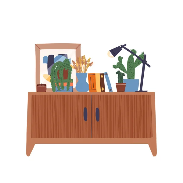 Vackert skåp med olika böcker, en vas med torkade gräs klasar, en lampa, växter, affisch i en ram, ett ljus. — Stock vektor