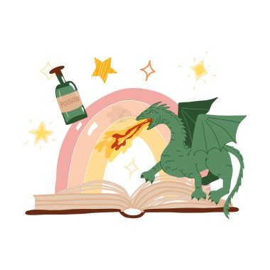 Açık kitap, ejderha, sihirli iksir, gökkuşağı ve yıldızlar. Düz vektör el izole edilmiş çizim.