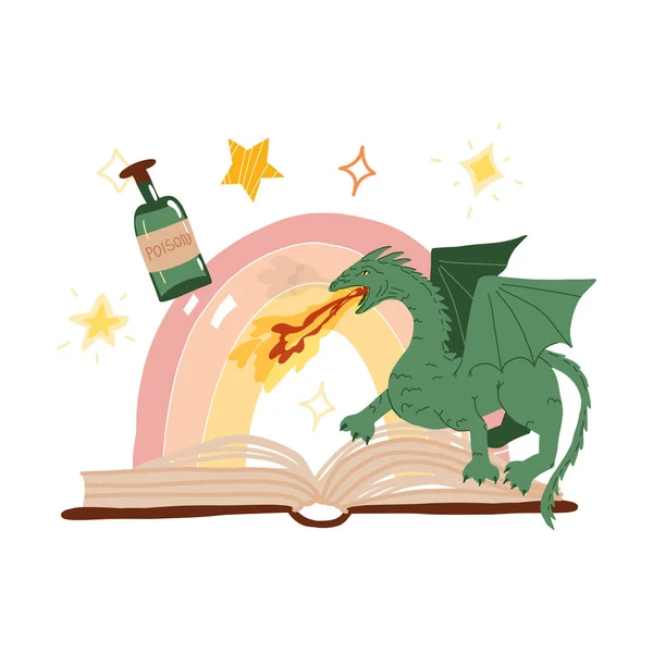 Livre ouvert, dragon, potion magique, arc-en-ciel et étoiles autour. Vecteur plat dessiné à la main illustration isolée . — Image vectorielle