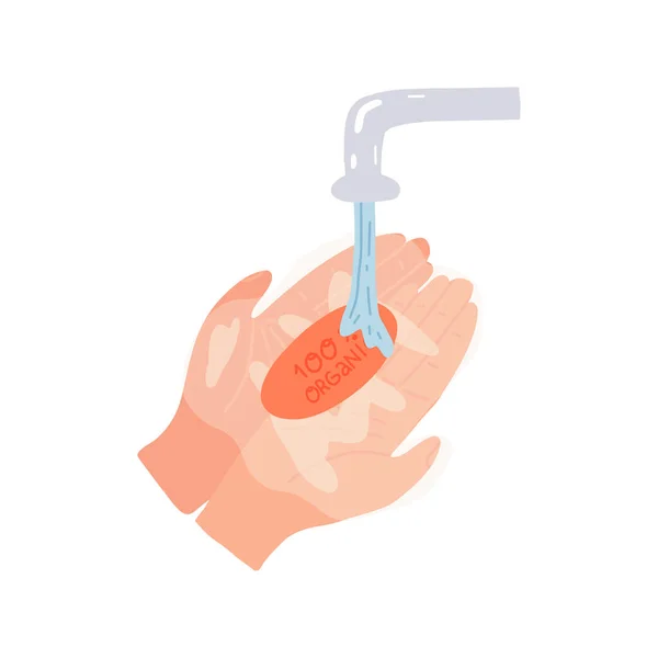 Дві руки в пінопласті тримають органічне мило під пюре з водопровідної води. Вимийте руки, концепція запобігання коронавірусу . — стоковий вектор
