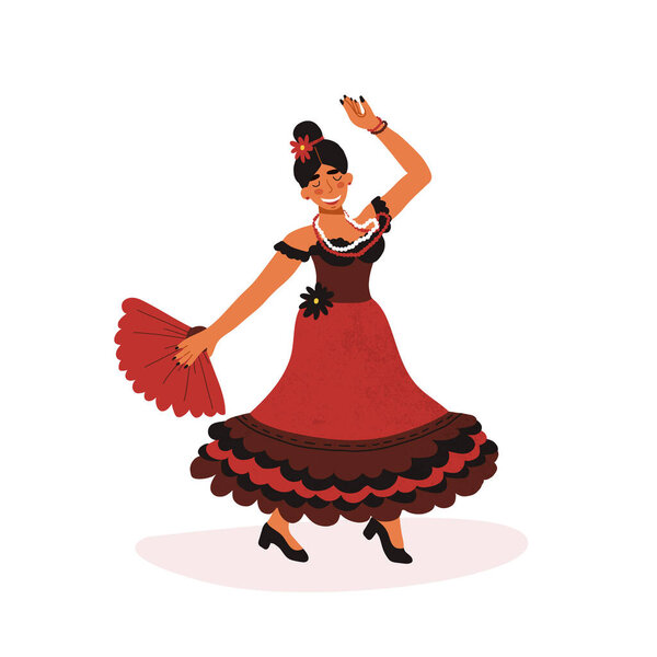 Happy Spanish girl in red traditional dress passionately dancing flamenco with hand fan.