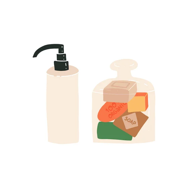 Lávese las manos, concepto de prevención de virus. Dispensador de jabón líquido y recipiente de vidrio con varias barras de jabón orgánicas — Archivo Imágenes Vectoriales