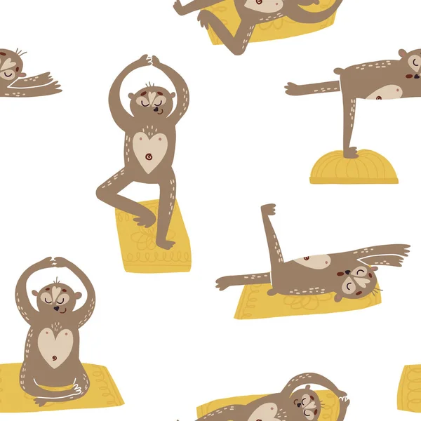 Sömlös mönster med roliga djur lemur Lori praxis hemma yoga asanas - lik, lotus, träd, stjärna, krigare pose — Stock vektor