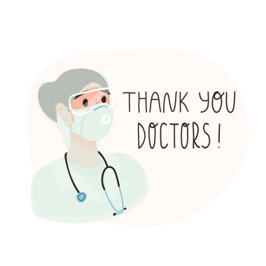 Özel tıp üniformalı, maske ve gözlüklü bir kadın doktor. Teşekkürler, doktorlar el yazısı.. 